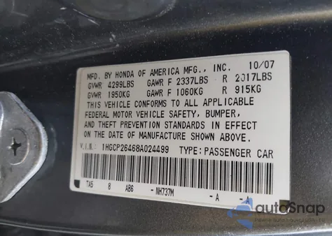 2008 Honda Accord 2.4 Lx-P from USA, damaged, VIN 1HGCP26468A024499